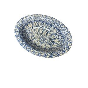 Vintage USA Pottery Blue White Sponge Ware Spatterware Oval Bowl Q3930 SR